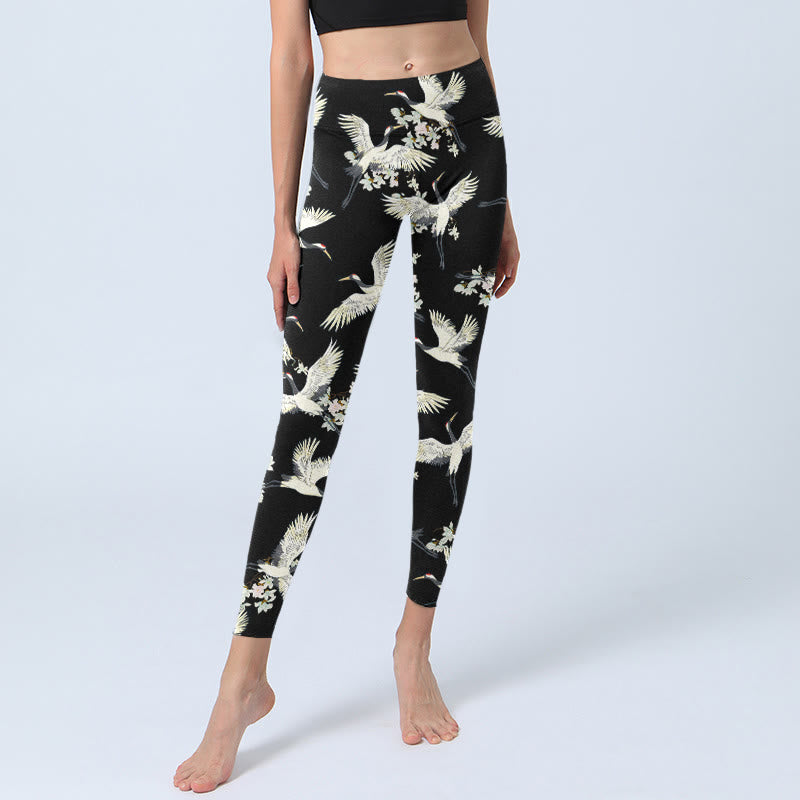 Buddha Stones Weiße Kraniche Blüten Print Gym Leggings Damen Yogahose - image 6