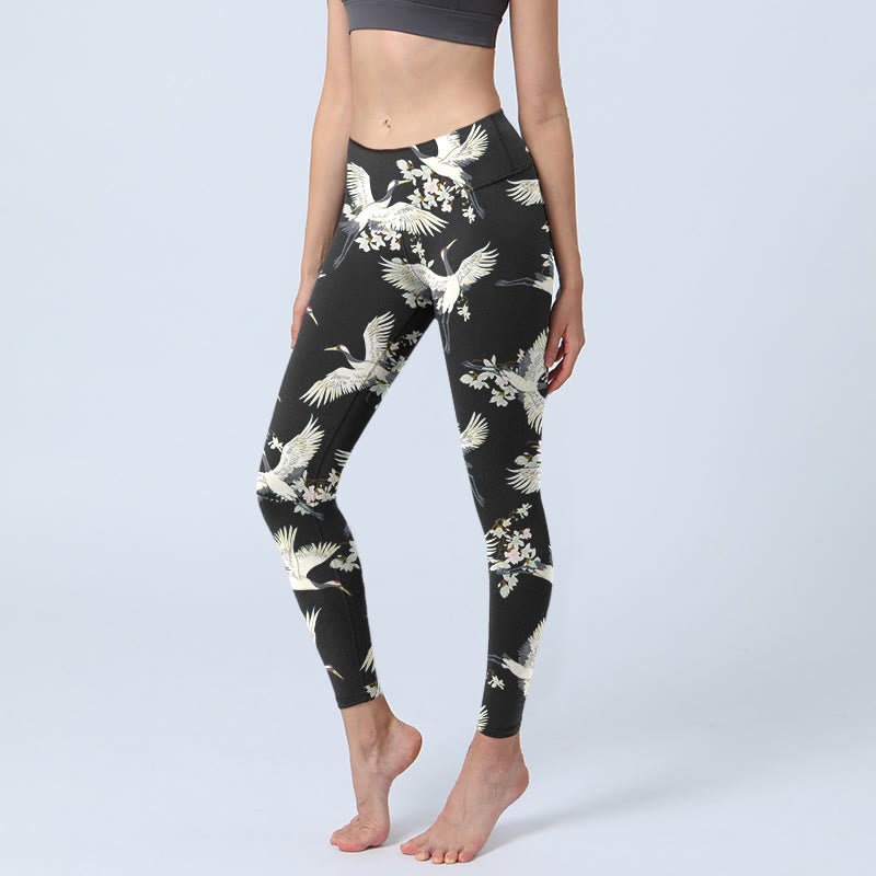 Buddha Stones Weiße Kraniche Blüten Print Gym Leggings Damen Yogahose - Schwarz - US18， UK/AU22，EU50 (4XL) - image 1