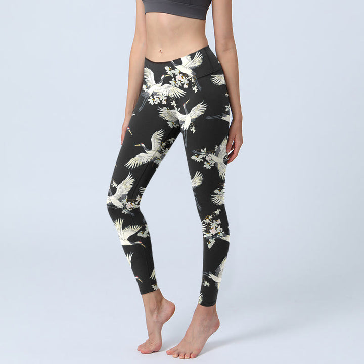 Buddha Stones Weiße Kraniche Blüten Print Gym Leggings Damen Yogahose - Schwarz - US18， UK/AU22，EU50 (4XL) - image 1