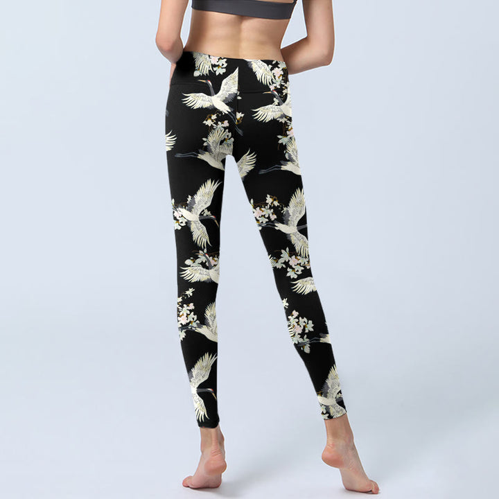 Buddha Stones Weiße Kraniche Blüten Print Gym Leggings Damen Yogahose - image 6