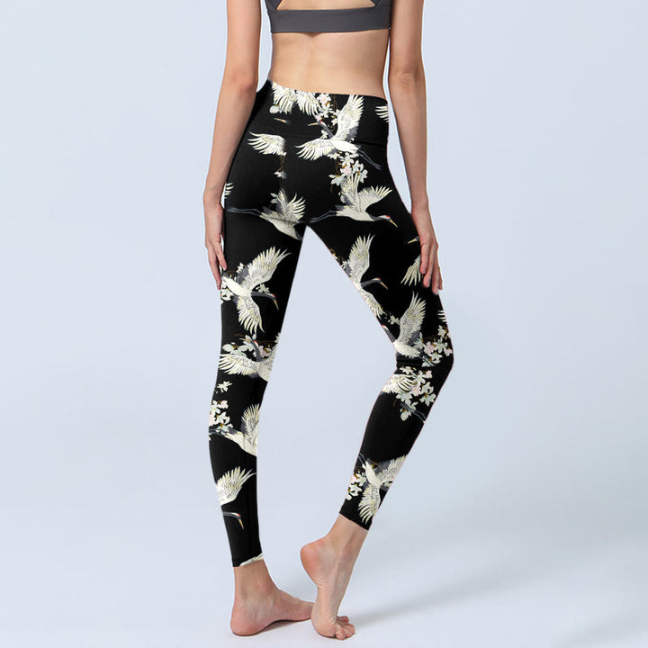 Buddha Stones Weiße Kraniche Blüten Print Gym Leggings Damen Yogahose - image 3