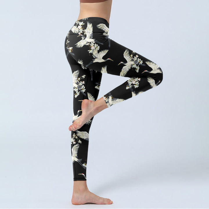 Buddha Stones Weiße Kraniche Blüten Print Gym Leggings Damen Yogahose - image 4