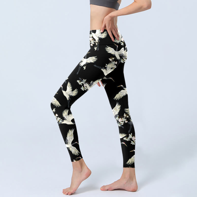 Buddha Stones Weiße Kraniche Blüten Print Gym Leggings Damen Yogahose - image 2