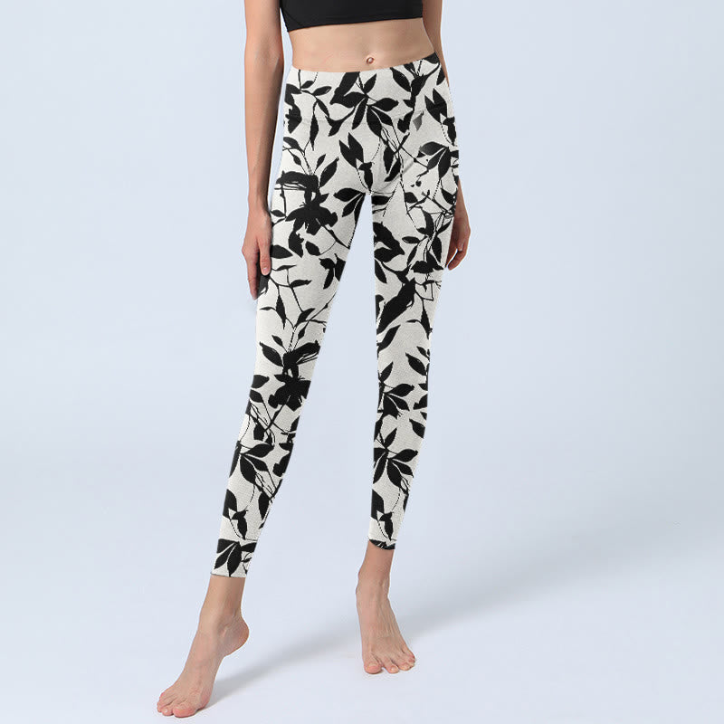 Buddha Stones Schwarze Blätter Print Gym Leggings Damen Yoga Hose - image 6