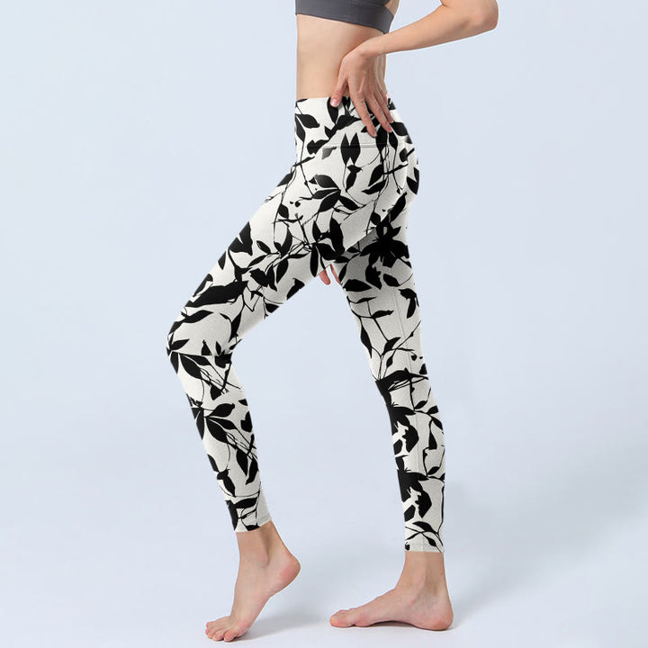 Buddha Stones Schwarze Blätter Print Gym Leggings Damen Yoga Hose - image 2