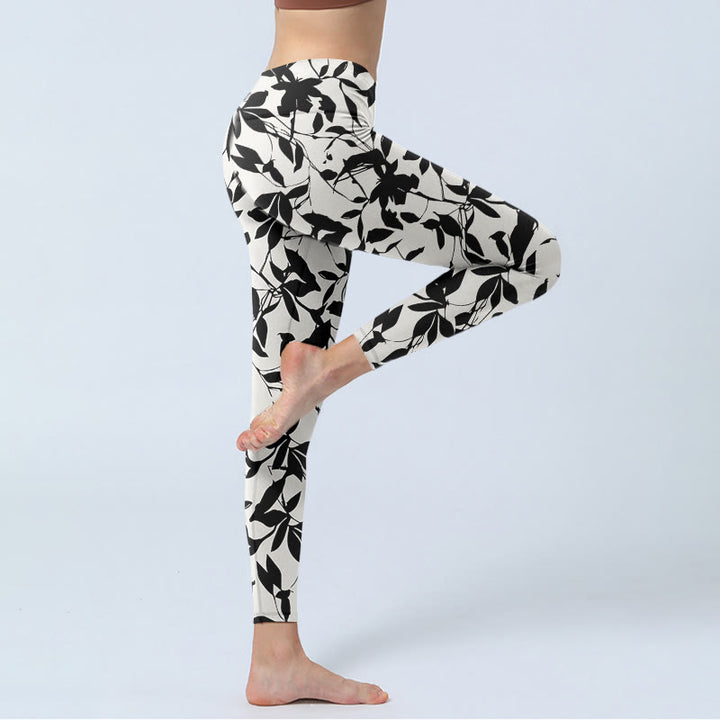Buddha Stones Schwarze Blätter Print Gym Leggings Damen Yoga Hose - image 3