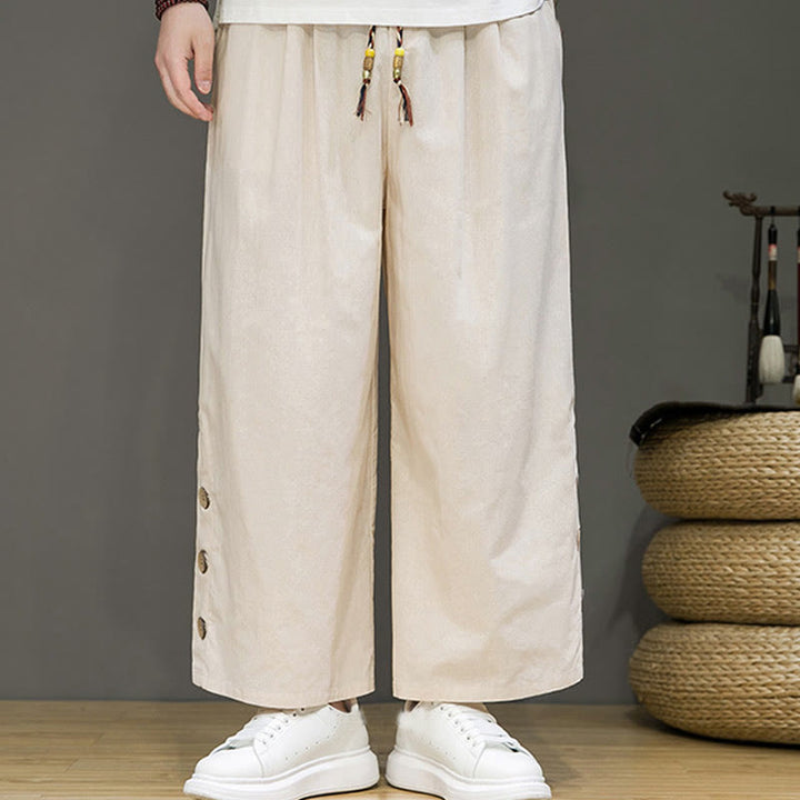 Buddha Stones Herrenhose mit geradem Bein, Leinenknöpfen, Kordelzug und Taschen - image 1