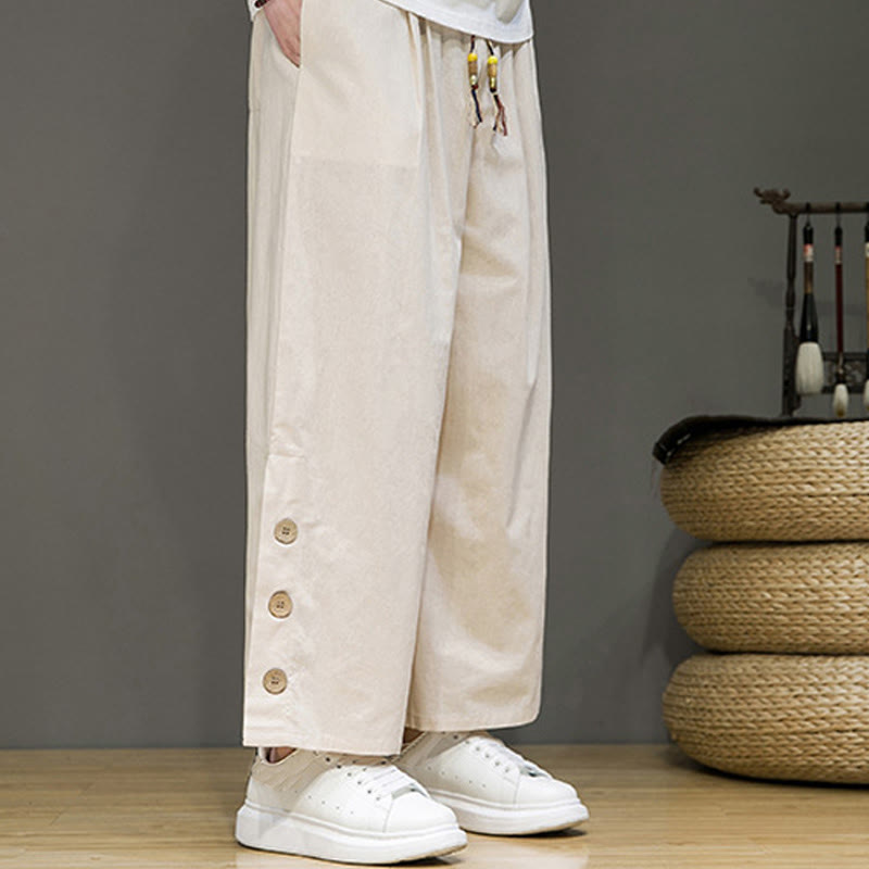 Buddha Stones Herrenhose mit geradem Bein, Leinenknöpfen, Kordelzug und Taschen - image 3