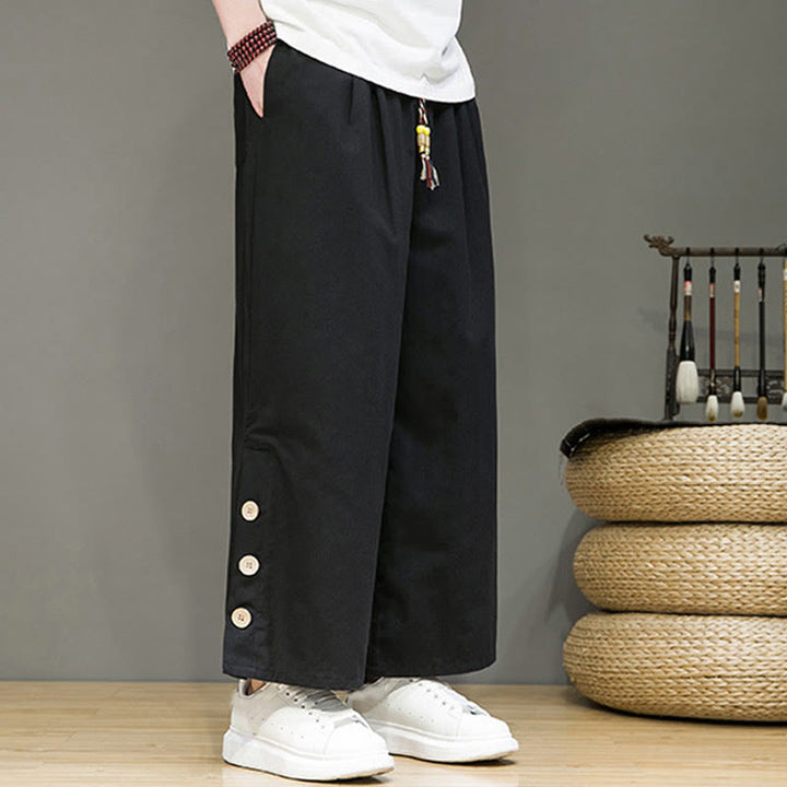 Buddha Stones Herrenhose mit geradem Bein, Leinenknöpfen, Kordelzug und Taschen - image 13