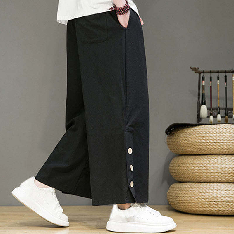 Buddha Stones Herrenhose mit geradem Bein, Leinenknöpfen, Kordelzug und Taschen - image 9