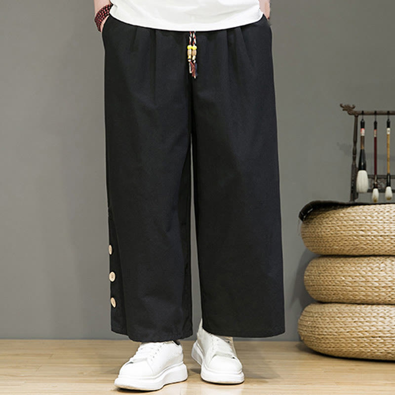 Buddha Stones Herrenhose mit geradem Bein, Leinenknöpfen, Kordelzug und Taschen - image 12