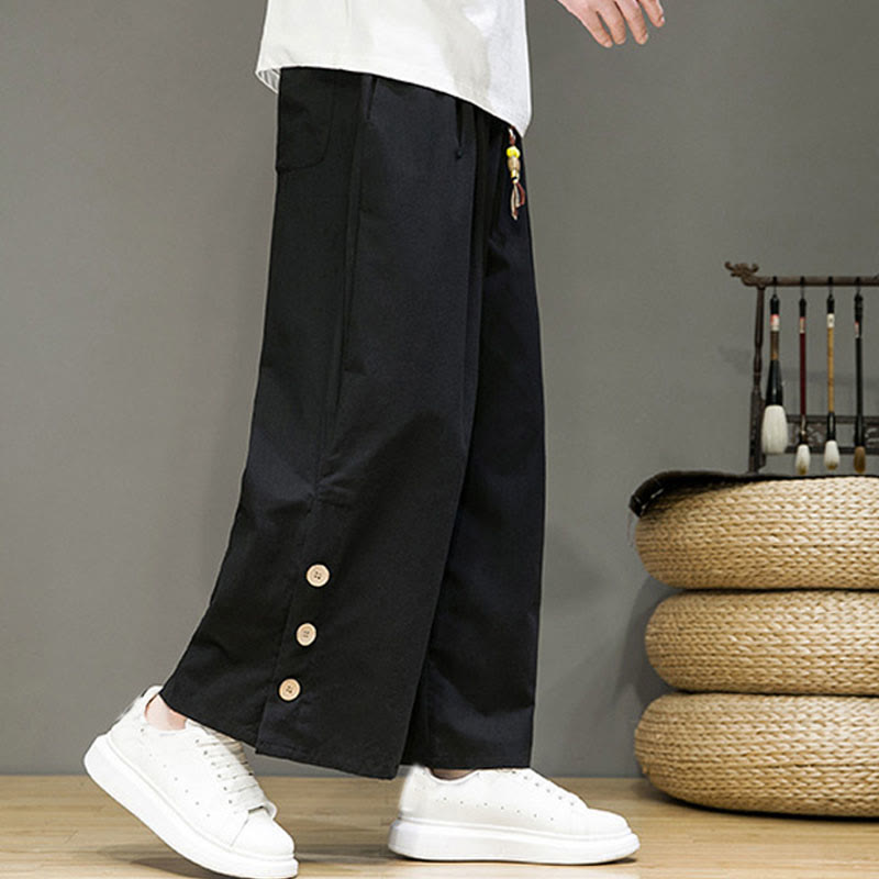 Buddha Stones Herrenhose mit geradem Bein, Leinenknöpfen, Kordelzug und Taschen - image 14