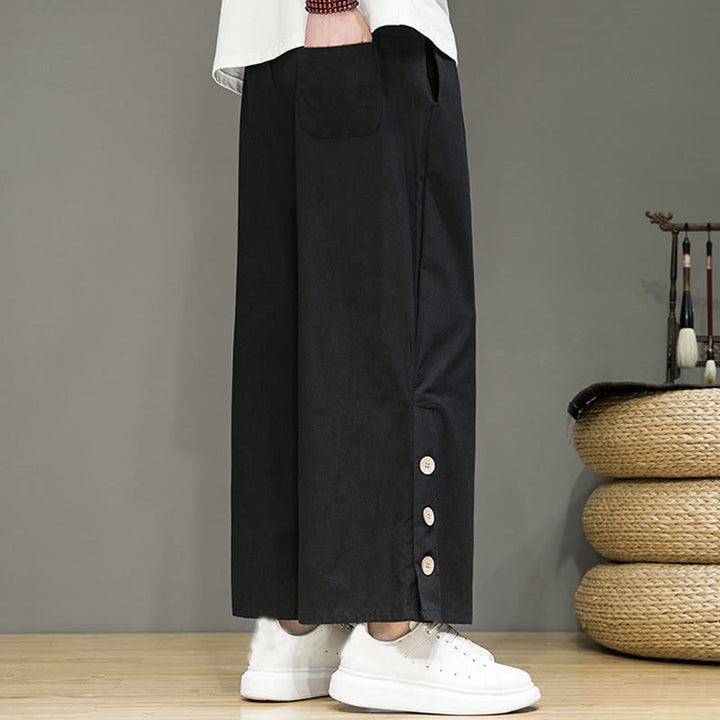 Buddha Stones Herrenhose mit geradem Bein, Leinenknöpfen, Kordelzug und Taschen - image 11