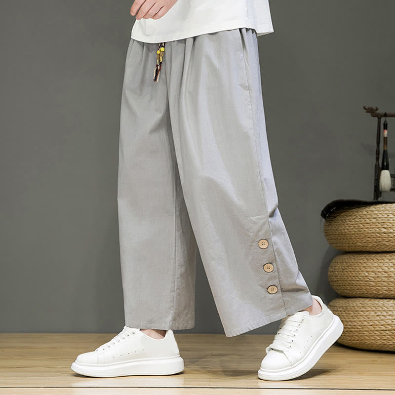 Buddha Stones Herrenhose mit geradem Bein, Leinenknöpfen, Kordelzug und Taschen - image 19
