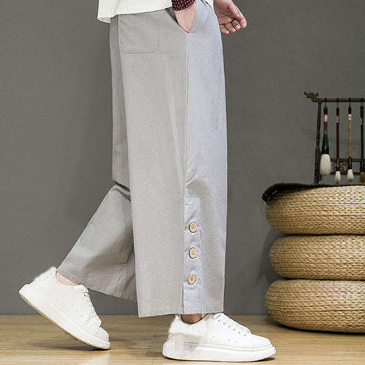 Buddha Stones Herrenhose mit geradem Bein, Leinenknöpfen, Kordelzug und Taschen - image 21