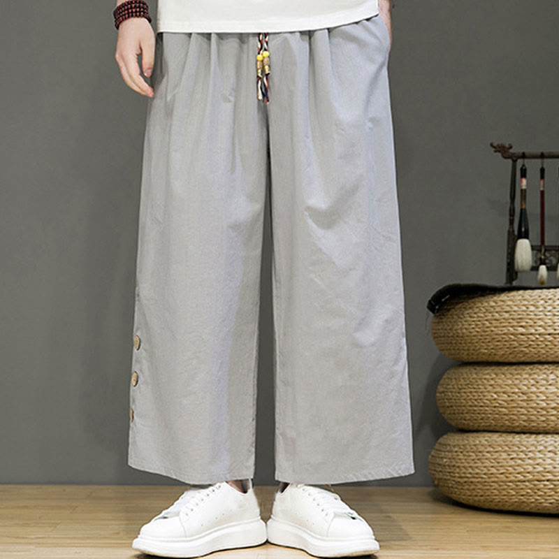 Buddha Stones Herrenhose mit geradem Bein, Leinenknöpfen, Kordelzug und Taschen - image 18