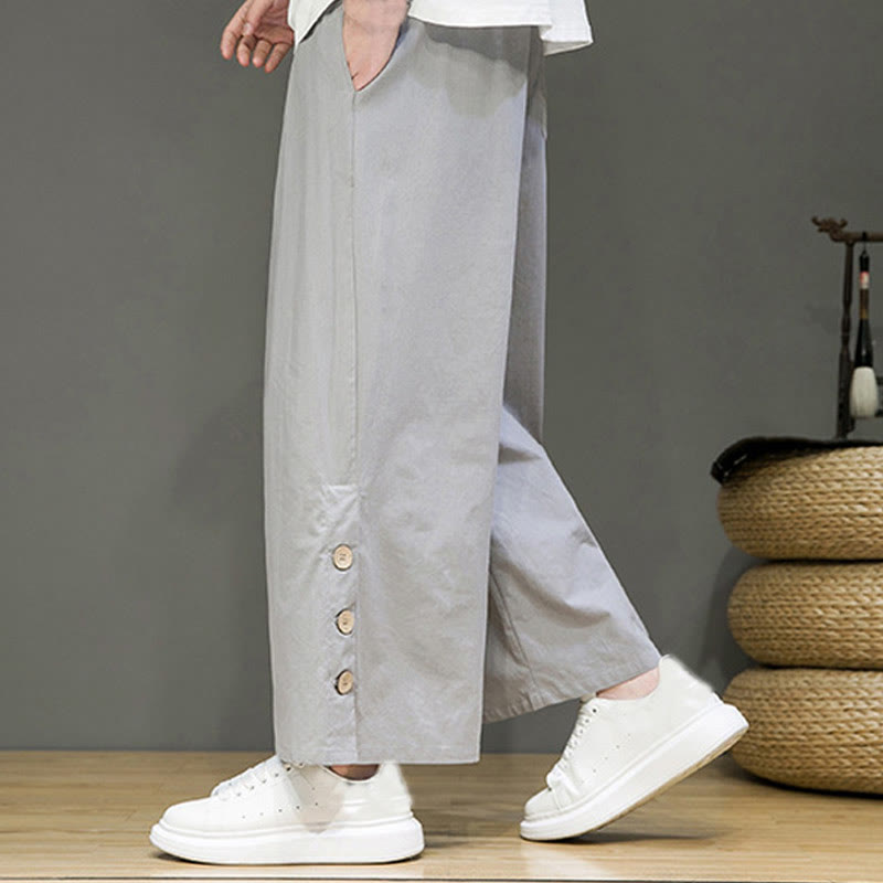Buddha Stones Herrenhose mit geradem Bein, Leinenknöpfen, Kordelzug und Taschen - image 24