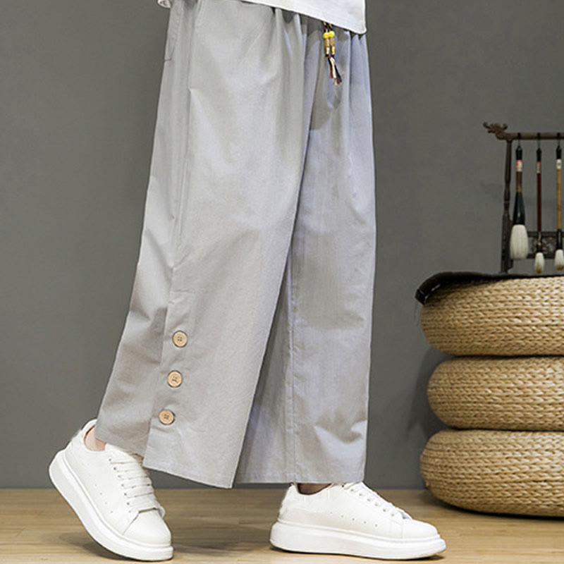 Buddha Stones Herrenhose mit geradem Bein, Leinenknöpfen, Kordelzug und Taschen - image 21