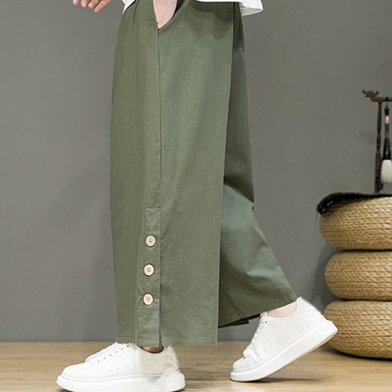 Buddha Stones Herrenhose mit geradem Bein, Leinenknöpfen, Kordelzug und Taschen - image 32