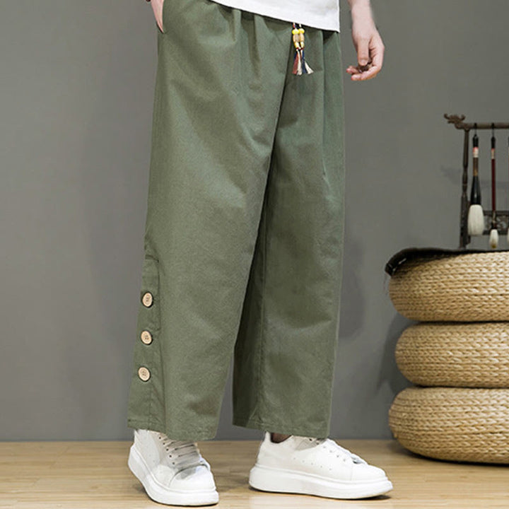 Buddha Stones Herrenhose mit geradem Bein, Leinenknöpfen, Kordelzug und Taschen - image 30
