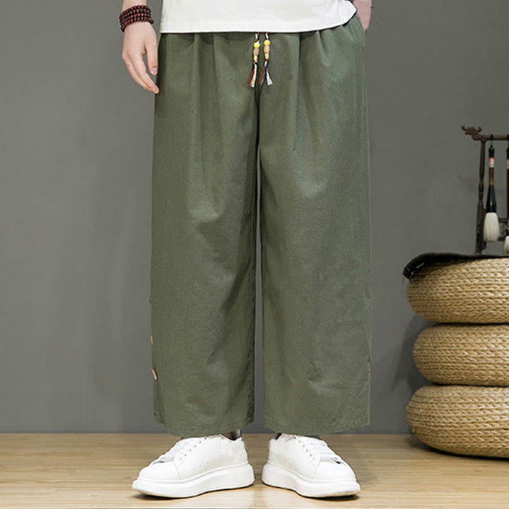 Buddha Stones Herrenhose mit geradem Bein, Leinenknöpfen, Kordelzug und Taschen - image 28