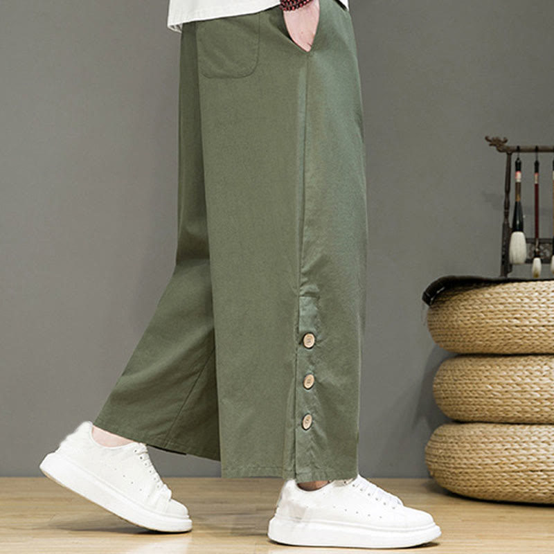 Buddha Stones Herrenhose mit geradem Bein, Leinenknöpfen, Kordelzug und Taschen - image 31