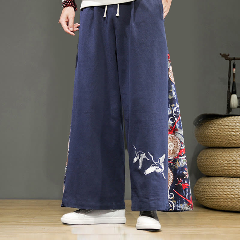 Buddha Stones Kranich Stickerei Kordelzug Herren Baumwolle Leinen Weite Beinhose mit Taschen - Stahlblau - US/ UK/AU46，EU56 (5XL) - image 1