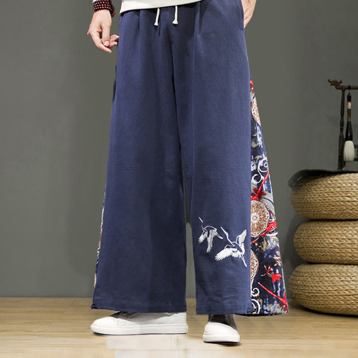 Buddha Stones Kranich Stickerei Kordelzug Herren Baumwolle Leinen Weite Beinhose mit Taschen - Stahlblau - US/ UK/AU46，EU56 (5XL) - image 1