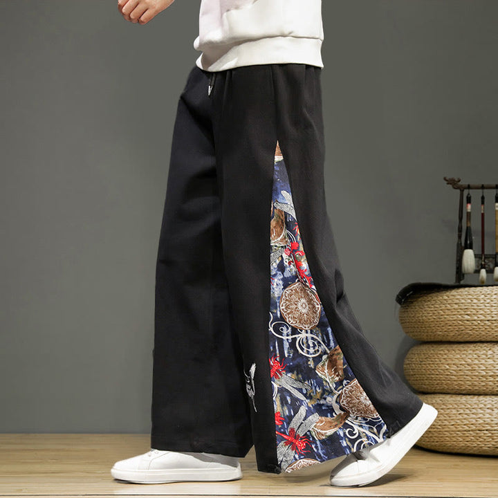 Buddha Stones Kranich Stickerei Kordelzug Herren Baumwolle Leinen Weite Beinhose mit Taschen - Schwarz - US/UK/AU46, EU56 (5XL) - image 8