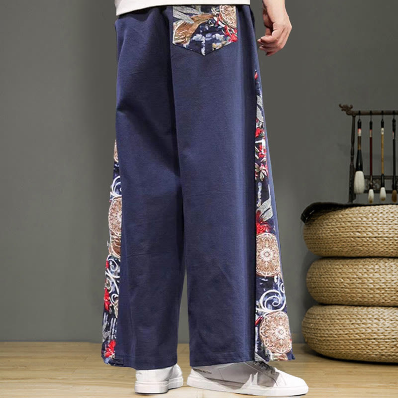 Buddha Stones Kranich Stickerei Kordelzug Herren Baumwolle Leinen Weite Beinhose mit Taschen - image 4