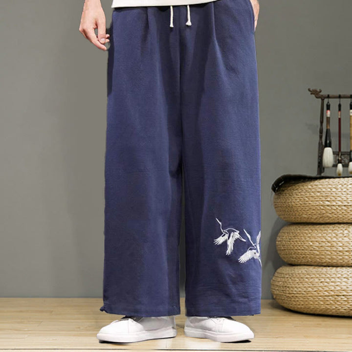 Buddha Stones Kranich Stickerei Kordelzug Herren Baumwolle Leinen Weite Beinhose mit Taschen - image 3