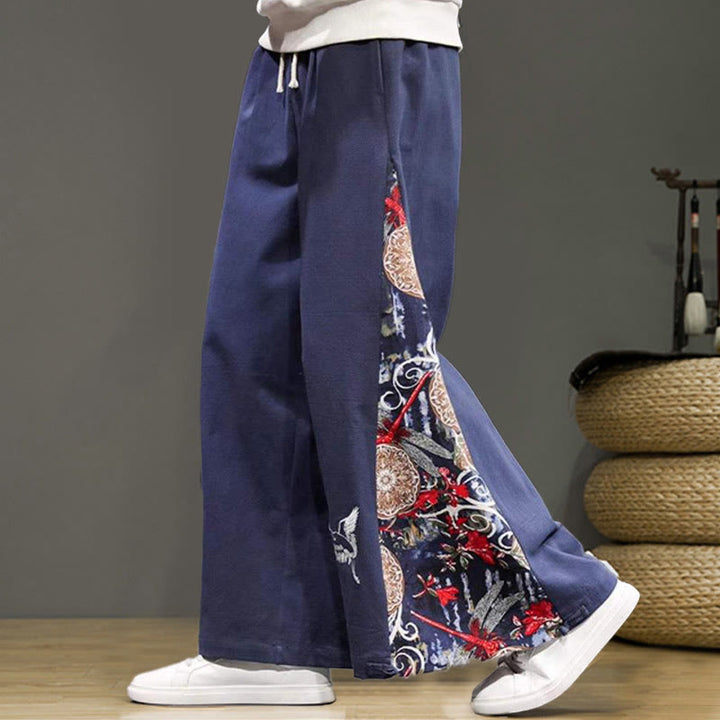 Buddha Stones Kranich Stickerei Kordelzug Herren Baumwolle Leinen Weite Beinhose mit Taschen - image 1