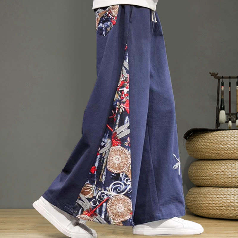 Buddha Stones Kranich Stickerei Kordelzug Herren Baumwolle Leinen Weite Beinhose mit Taschen - image 6