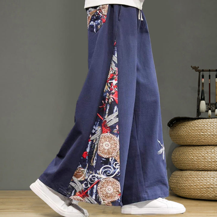 Buddha Stones Kranich Stickerei Kordelzug Herren Baumwolle Leinen Weite Beinhose mit Taschen - image 6