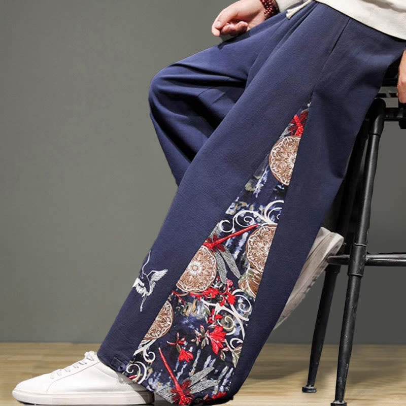 Buddha Stones Kranich Stickerei Kordelzug Herren Baumwolle Leinen Weite Beinhose mit Taschen - image 8