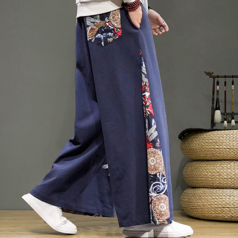 Buddha Stones Kranich Stickerei Kordelzug Herren Baumwolle Leinen Weite Beinhose mit Taschen - image 6