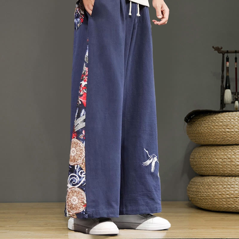 Buddha Stones Kranich Stickerei Kordelzug Herren Baumwolle Leinen Weite Beinhose mit Taschen - image 3