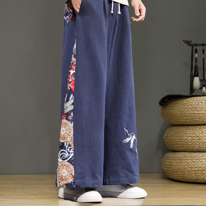 Buddha Stones Kranich Stickerei Kordelzug Herren Baumwolle Leinen Weite Beinhose mit Taschen - image 3