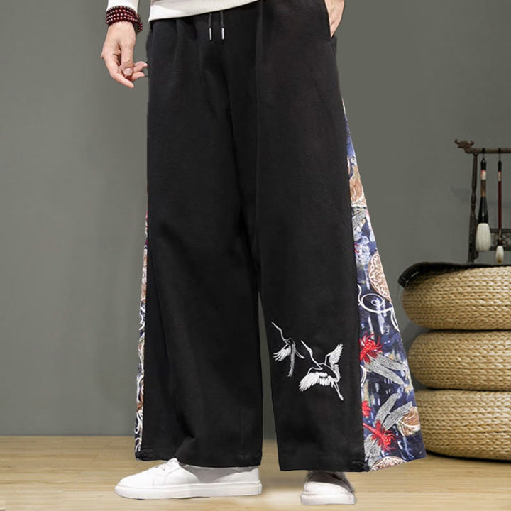 Buddha Stones Kranich Stickerei Kordelzug Herren Baumwolle Leinen Weite Beinhose mit Taschen - image 11