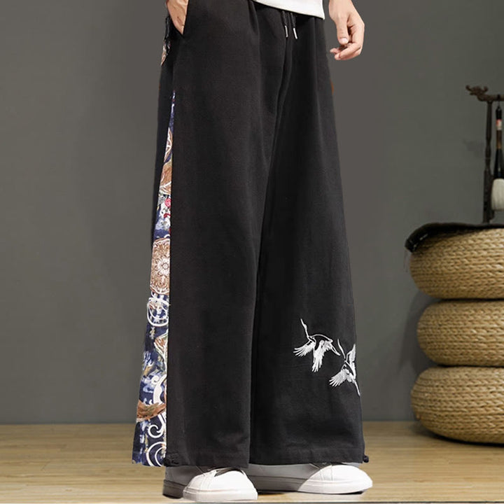 Buddha Stones Kranich Stickerei Kordelzug Herren Baumwolle Leinen Weite Beinhose mit Taschen - image 15