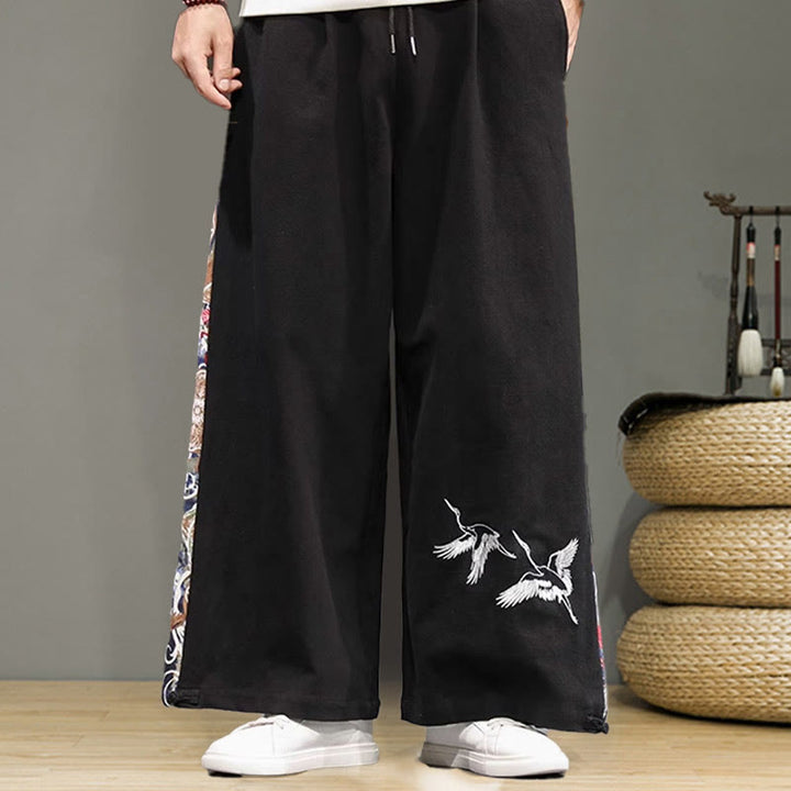 Buddha Stones Kranich Stickerei Kordelzug Herren Baumwolle Leinen Weite Beinhose mit Taschen - image 13