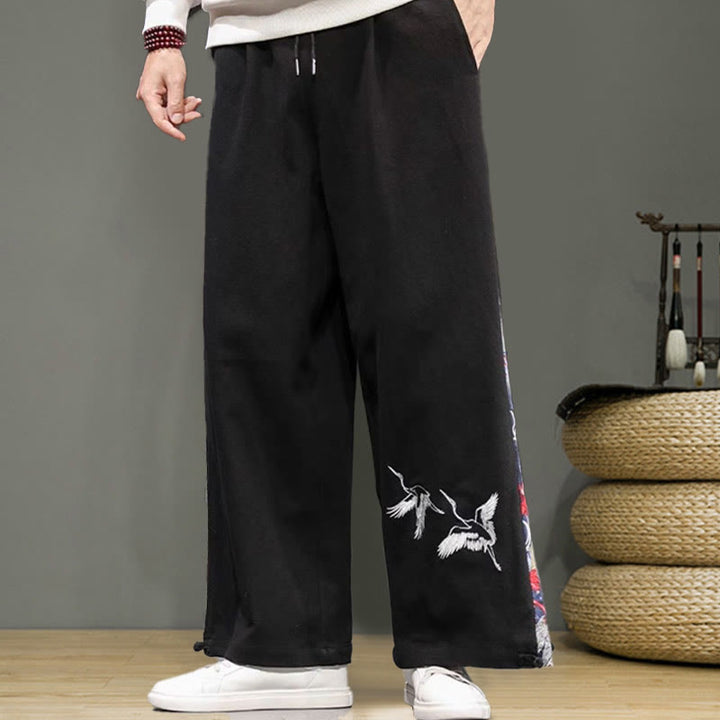 Buddha Stones Kranich Stickerei Kordelzug Herren Baumwolle Leinen Weite Beinhose mit Taschen - image 9