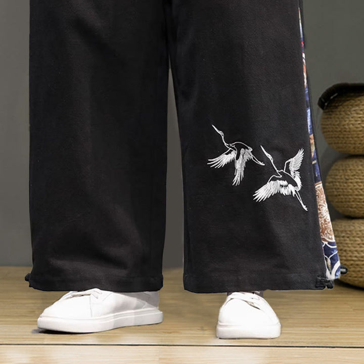 Buddha Stones Kranich Stickerei Kordelzug Herren Baumwolle Leinen Weite Beinhose mit Taschen - image 20