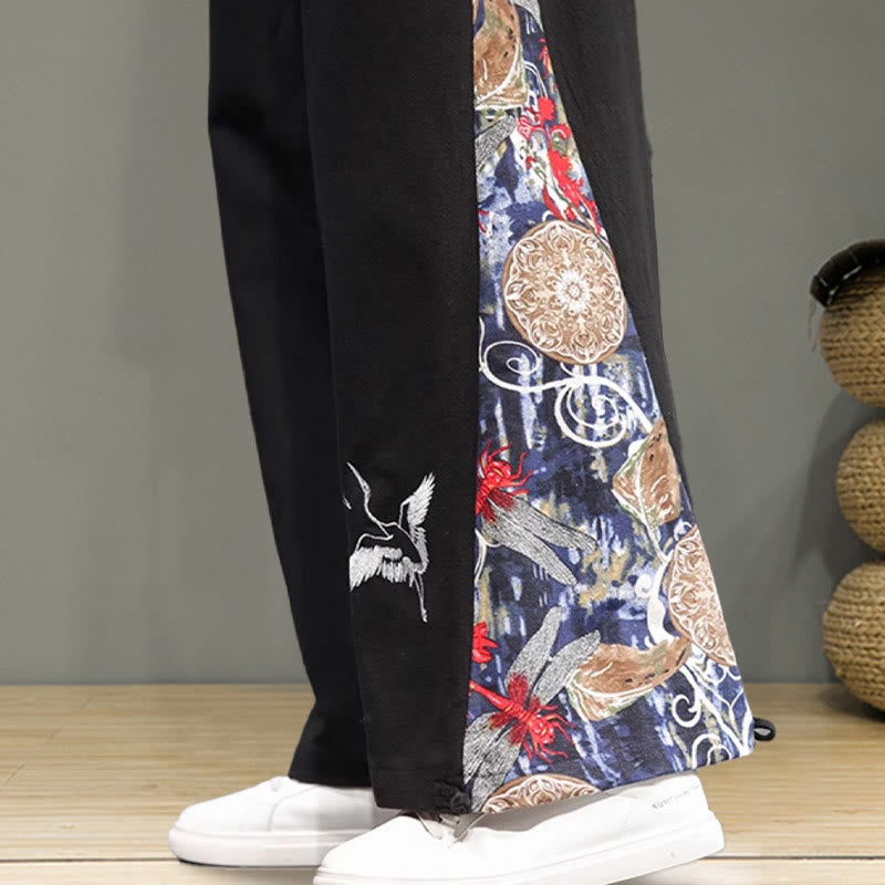 Buddha Stones Kranich Stickerei Kordelzug Herren Baumwolle Leinen Weite Beinhose mit Taschen - image 19