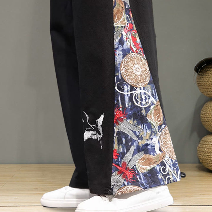 Buddha Stones Kranich Stickerei Kordelzug Herren Baumwolle Leinen Weite Beinhose mit Taschen - image 19