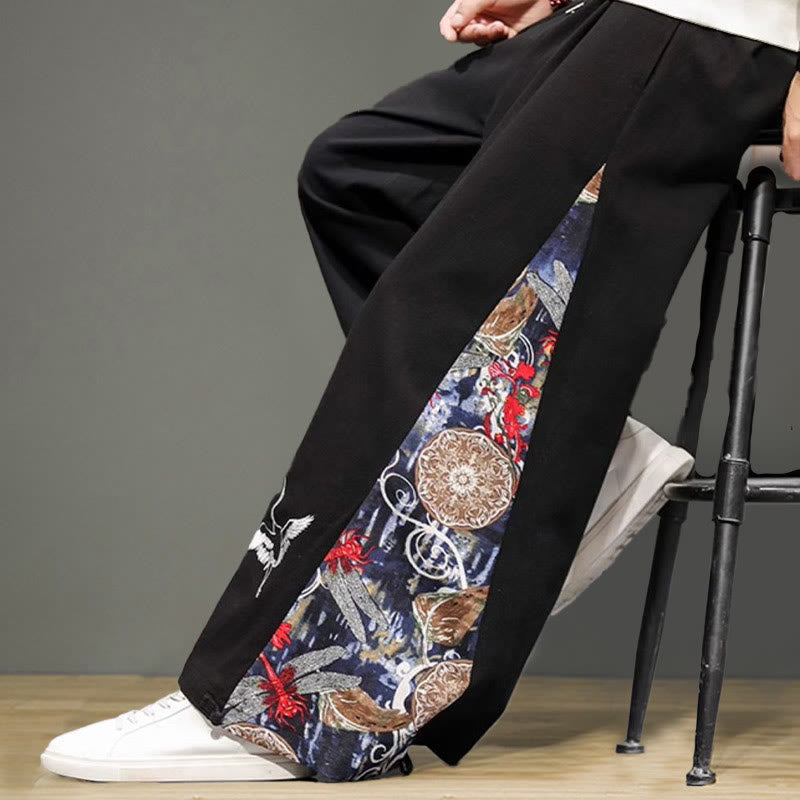 Buddha Stones Kranich Stickerei Kordelzug Herren Baumwolle Leinen Weite Beinhose mit Taschen - image 12
