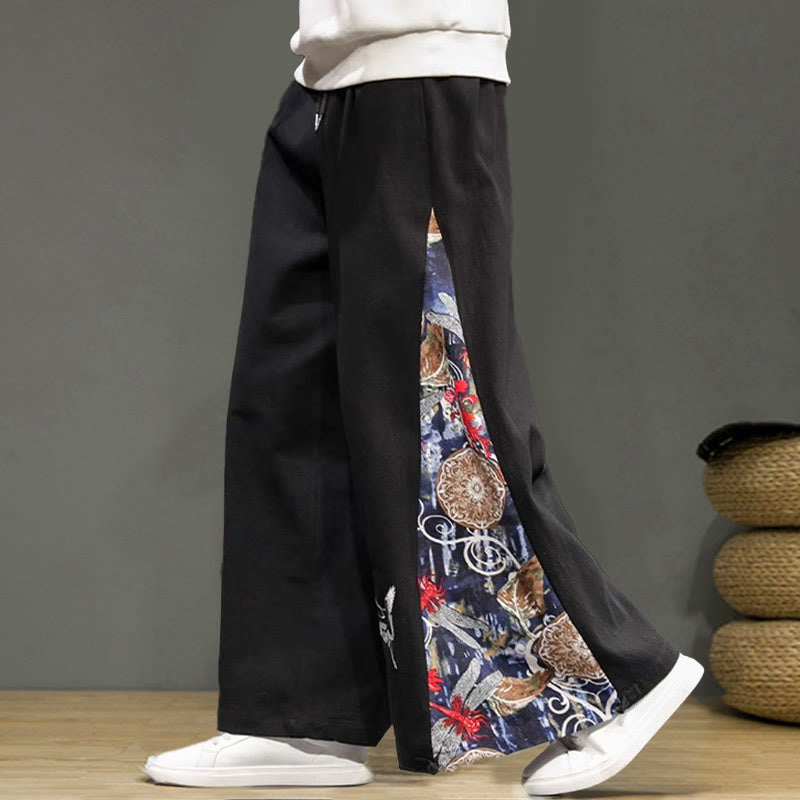 Buddha Stones Kranich Stickerei Kordelzug Herren Baumwolle Leinen Weite Beinhose mit Taschen - image 17