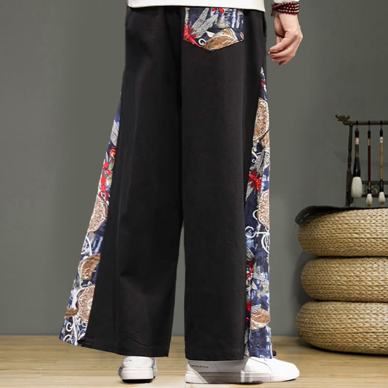 Buddha Stones Kranich Stickerei Kordelzug Herren Baumwolle Leinen Weite Beinhose mit Taschen - image 12