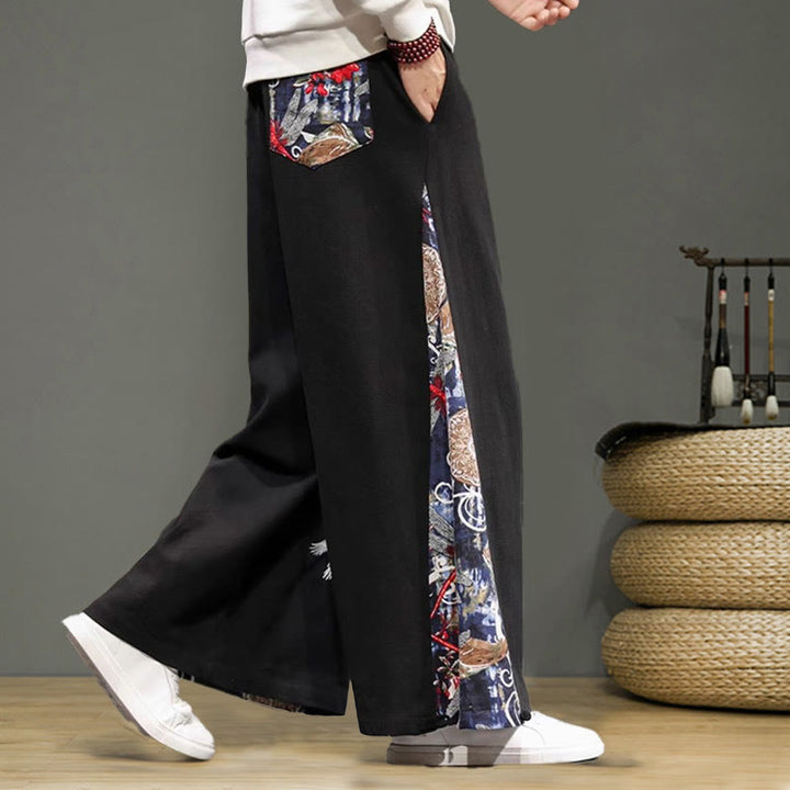 Buddha Stones Kranich Stickerei Kordelzug Herren Baumwolle Leinen Weite Beinhose mit Taschen - image 16