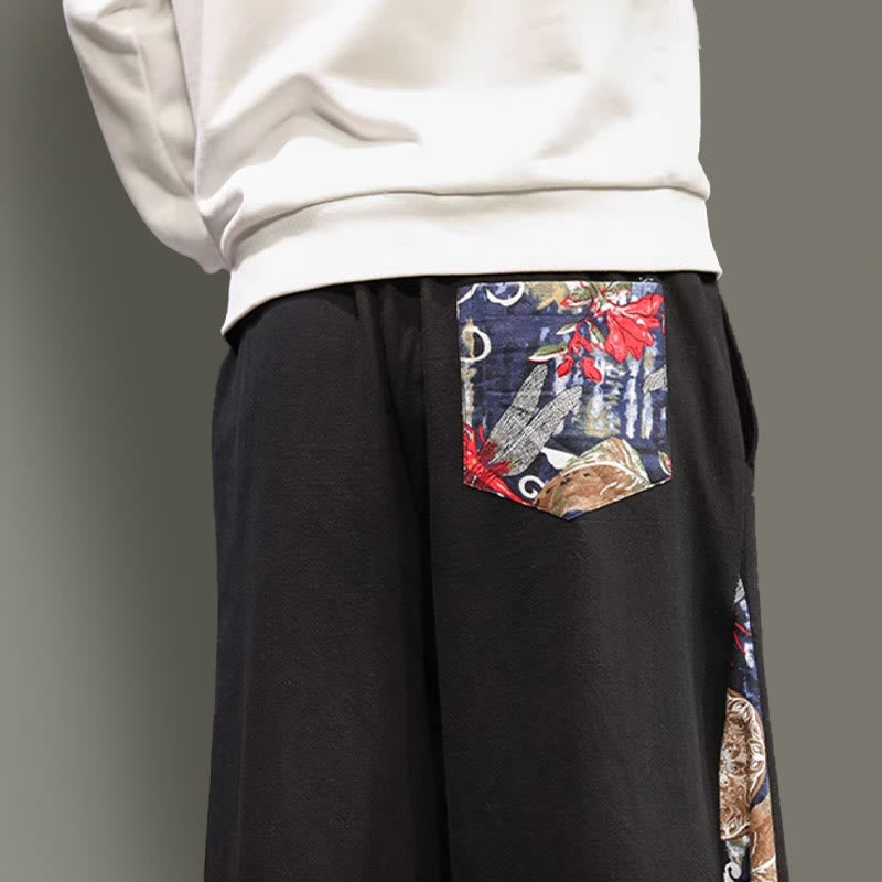 Buddha Stones Kranich Stickerei Kordelzug Herren Baumwolle Leinen Weite Beinhose mit Taschen - image 18